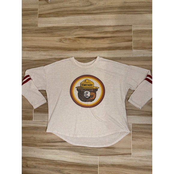 Smokey Bear Tops - Smokey Bear Graphic Long Sleeve Shirt Heather Beige Retro Stripes Womens Large
